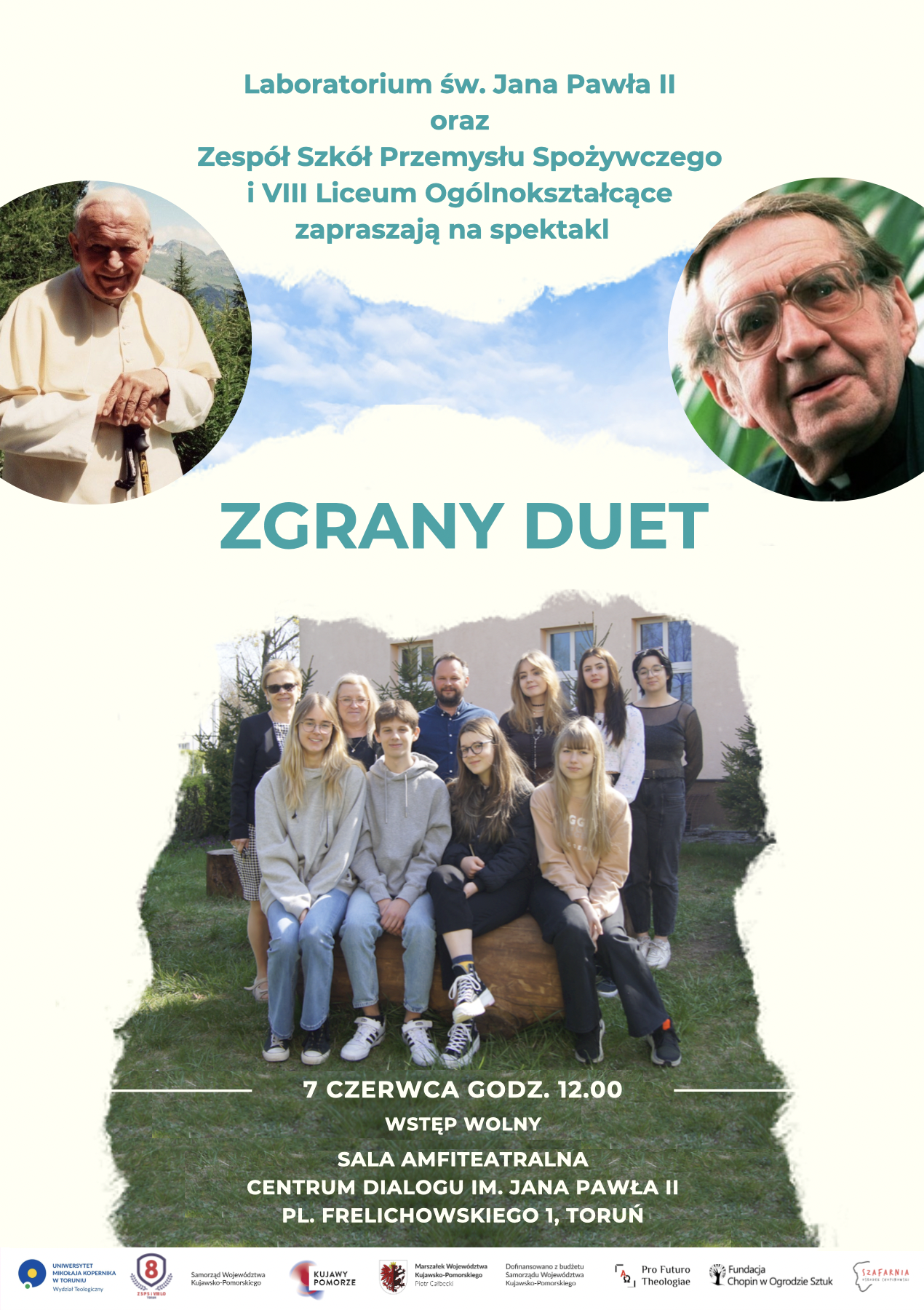 Plakat stanowi zaproszenie na obchody Święta  Województwa  Kujawsko - Pomorskiego. Przedstawia dwa portrety, o których grupa teatralna z klasy 1T naszego LO zaprezentuje  spektakl pt. : 