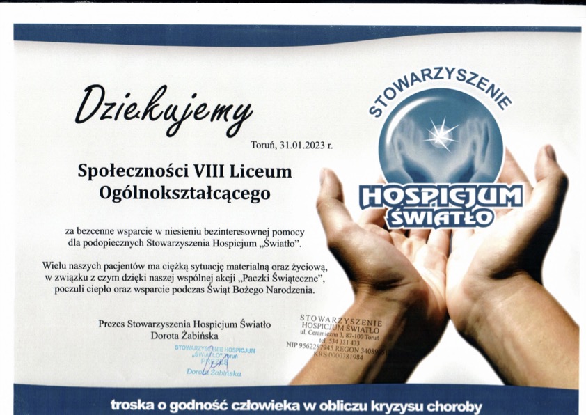 Podziękowania z Hospicjum Światło