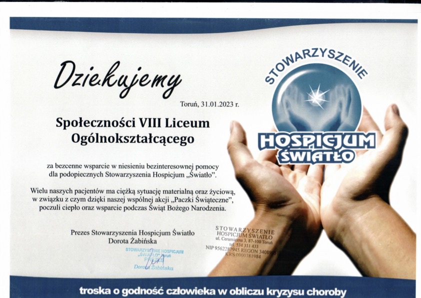 Podziękowania z Hospicjum Światło