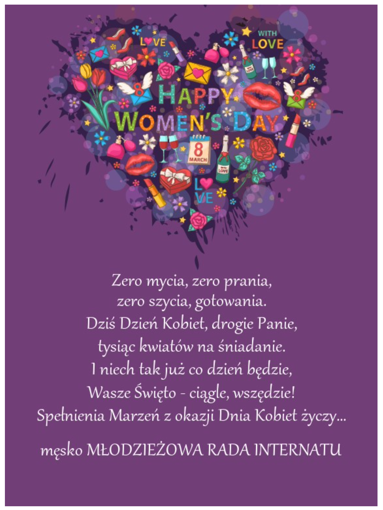Kartka z fioletowym sercem pełnym wdzięczności  i pomyślności dla każdej kobiety w dniu jej święta.